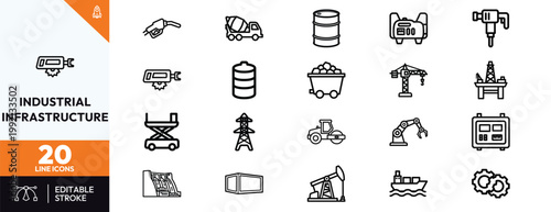 Professional collection of heavy industry and energy infrastructure line icons for manufacturing and construction projects