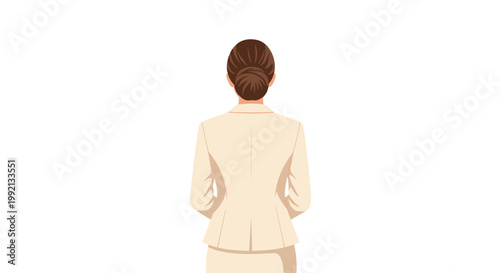 A professional woman is shown from behind with her brown hair styled in a sophisticated bun while wearing a tailored beige business suit jacket today.