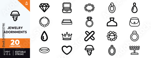 Set of twenty professional line icons depicting various elegant jewelry pieces and luxury fashion accessories.
