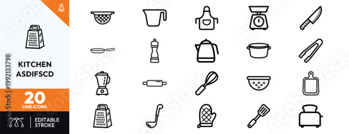 Collection of minimalist kitchen tools and cooking equipment line icons for modern culinary designs