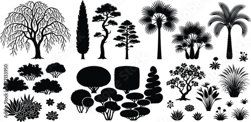 Silhouettes of various trees, bushes, and plants in a diverse collection