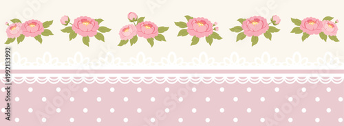 Pink Rose Border Banner on Blush Background Polka Dot Wedding Floral Design