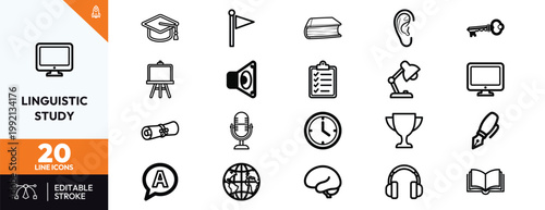 Set of professional line icons representing various aspects of linguistic study and educational learning concepts