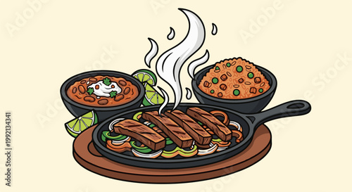 Sizzling grilled meat with vegetables, rice, and beans served in cast iron