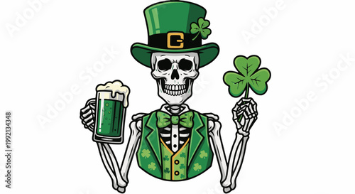 Skeleton in green attire holds a beer and shamrock for St. Patrick's Day