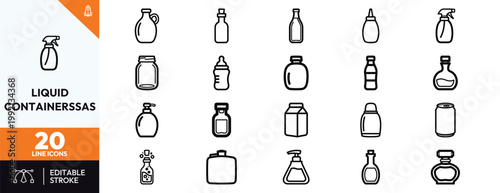 Comprehensive collection of minimalist line icons representing various household liquid containers for packaging and storage