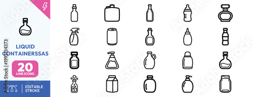 Set of twenty minimalist black line icons representing various household and industrial liquid storage containers