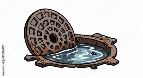 Rusty, open manhole cover reveals murky water