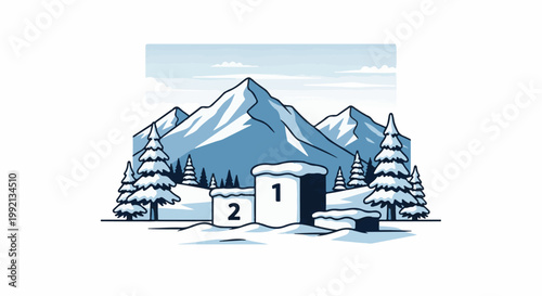 Snowy mountain landscape with a victory podium and fir trees