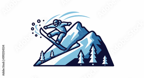 Snowboarder mid-air over snowy mountains with trees