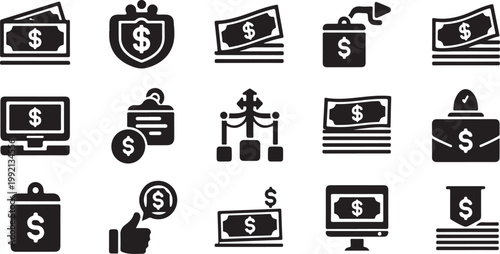 Financial icons, money symbols, business signs, 20 black vector graphics