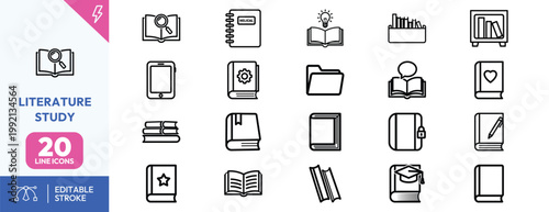 Comprehensive collection of minimalist line icons for literature study education library and academic research projects