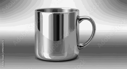 Shiny metallic mug with a curved handle on a gradient background