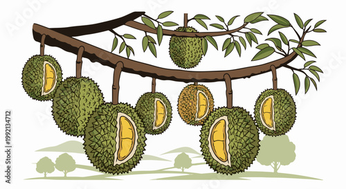 Spiky green fruit with yellow flesh hangs from a brown tree branch