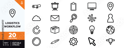 Professional logistics and business workflow line icons featuring delivery box globe gear and communication symbols