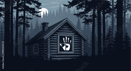 Spooky cabin in dark forest under a full moon with a handprint