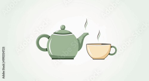 Simple illustration of a teapot and a steaming cup of liquid on a pale background