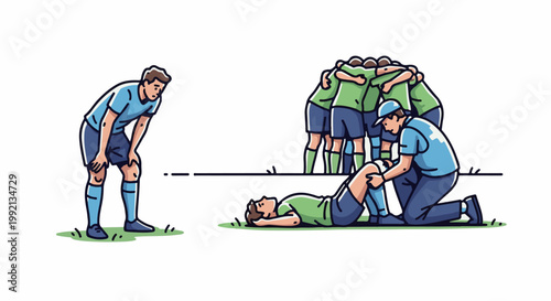 Soccer players huddle while one is attended to for an injury on the field