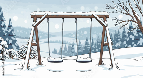 Snowy winter landscape with an empty wooden swing set