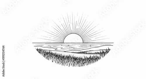 Sketch of a sun rising over a body of water and grassy terrain