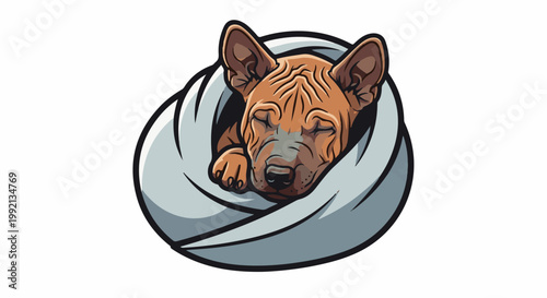 Sleeping dog curled in a light blue blanket