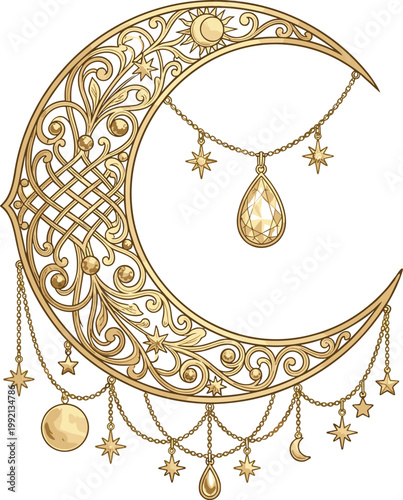 Enchanting Golden Crescent Moon Emblem Adorned with Sparkling Crystal and Intricate Filigree, Evoking Celestial Dreams and Mystical Grandeur