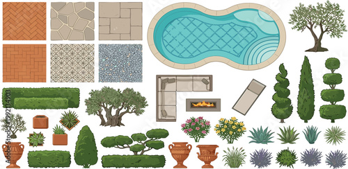 Collection of garden elements for landscape design and outdoor living spaces, including pavers, pools, plants, and furniture