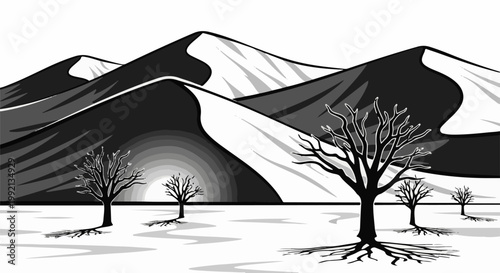 Stark desert landscape with leafless trees and rolling dunes under a gradient sky