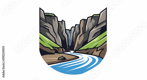Stylized canyon with winding river and grassy slopes