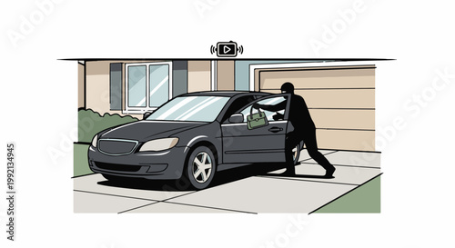 Silhouette of person stealing a bag from an open car door by a house