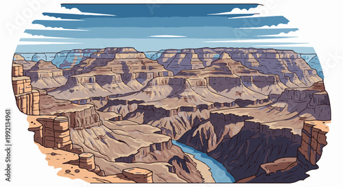 Stylized cartoon view of a deep canyon with a blue river at its base