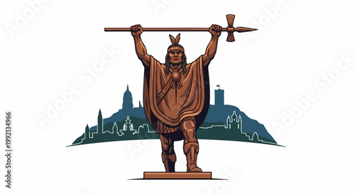 Statue of indigenous warrior holding spear over city skyline backdrop