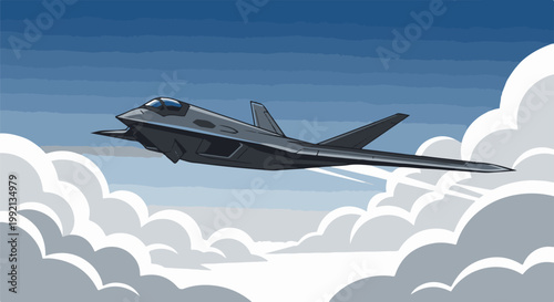 Stealth fighter jet flies through cloudy sky, pixel art style