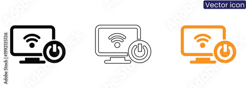 Computer monitor with WiFi signal and power button on white background vector icons