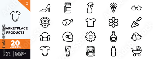 Professional collection of outline symbols representing diverse consumer goods and retail items for digital shopping