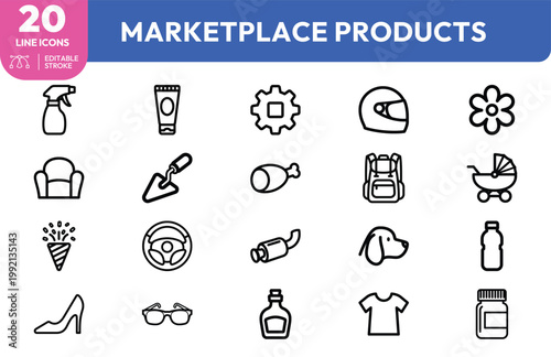 Collection of twenty minimal line icons representing various consumer goods for online marketplace and retail