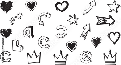 Black and white hand-drawn hearts, arrows, crowns, stars