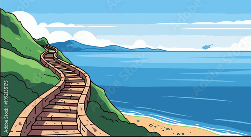 Stone staircase winds up a green hill beside a blue ocean