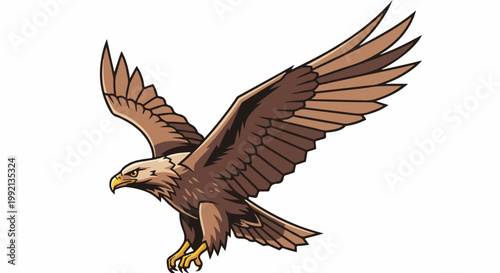 Stylized brown eagle with wings spread wide, in mid-flight, on white