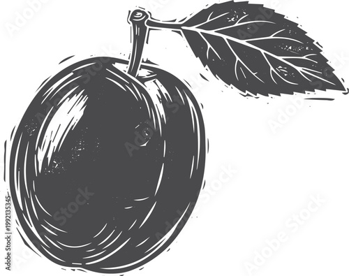 Black and white linocut of a plum with a leaf