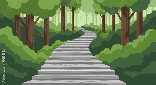 Stone steps winding through a pixelated forest with lush green foliage