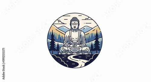 Serene Buddha statue meditating amidst a serene mountain landscape