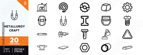 Comprehensive collection of metallurgy and metalworking icons featuring industrial tools and steel manufacturing equipment.