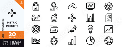 Professional set of black line icons for data analysis business metrics performance tracking and growth
