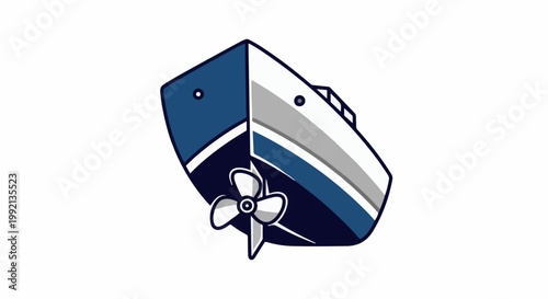 Stylized graphic of a blue and white boat with a propeller
