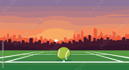 Tennis court at sunset with city skyline background