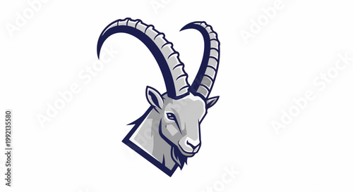 Stylized ibex head with large, curved horns and gray fur