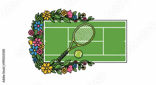 Tennis court with racket, ball, and floral border