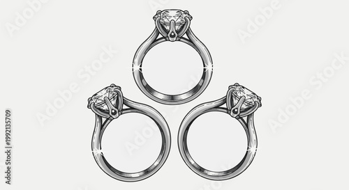 Three diamond engagement rings arranged in a circular pattern