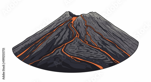 Stylized illustration of a volcanic mountain with flowing lava streams